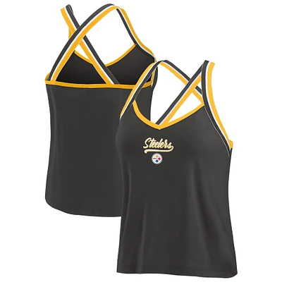 Women's WEAR by Erin Andrews Black Pittsburgh Steelers Cross Strap Tri-Blend Tank Top