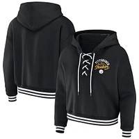 Women's WEAR by Erin Andrews Black Pittsburgh Steelers Lace-Up Pullover Hoodie