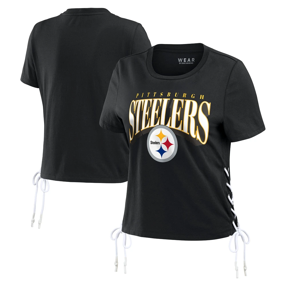 T-shirt court à lacets sur le côté noir pour femme WEAR by Erin Andrews des Pittsburgh Steelers