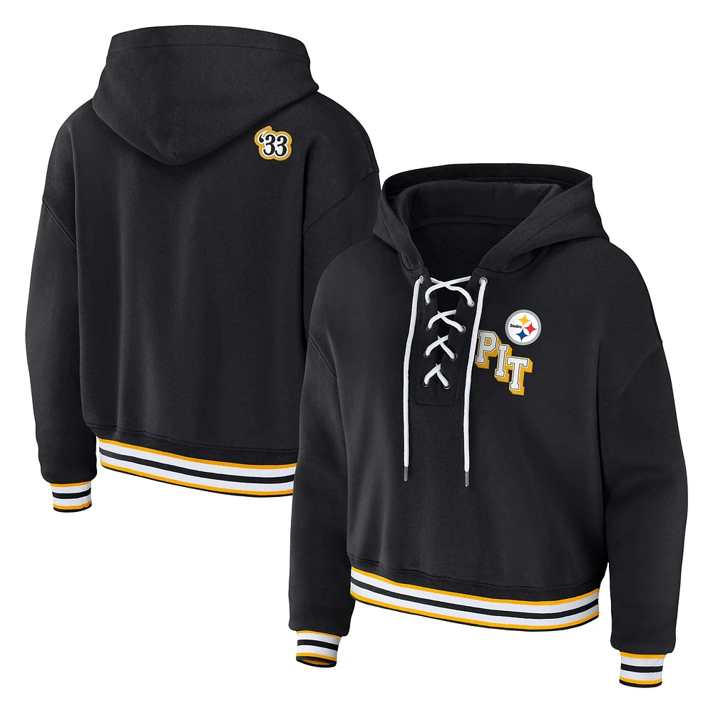 Women's WEAR by Erin Andrews Black Pittsburgh Steelers Plus Lace-Up Pullover Hoodie