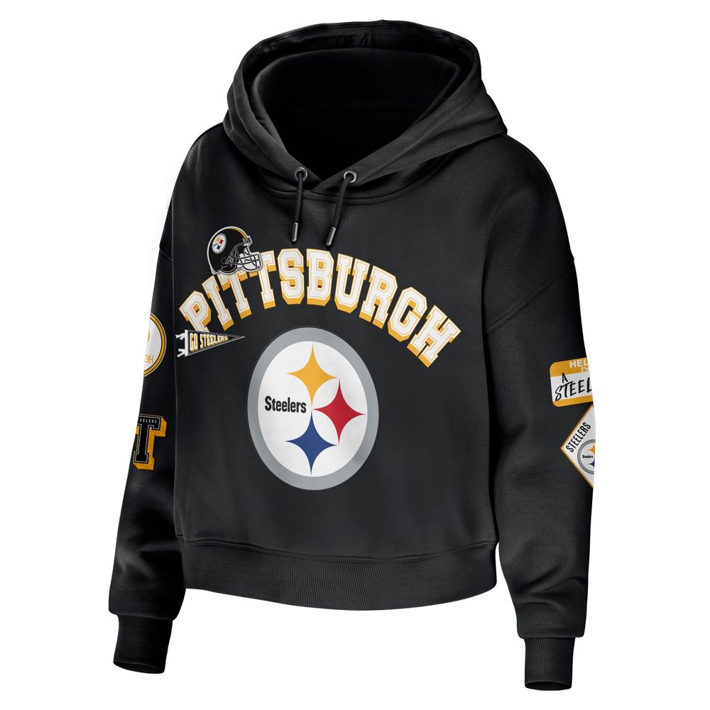 Women's WEAR by Erin Andrews Black Pittsburgh Steelers Plus Modest Cropped Pullover Hoodie