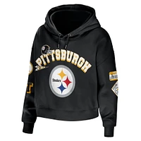 Women's WEAR by Erin Andrews Black Pittsburgh Steelers Plus Modest Cropped Pullover Hoodie