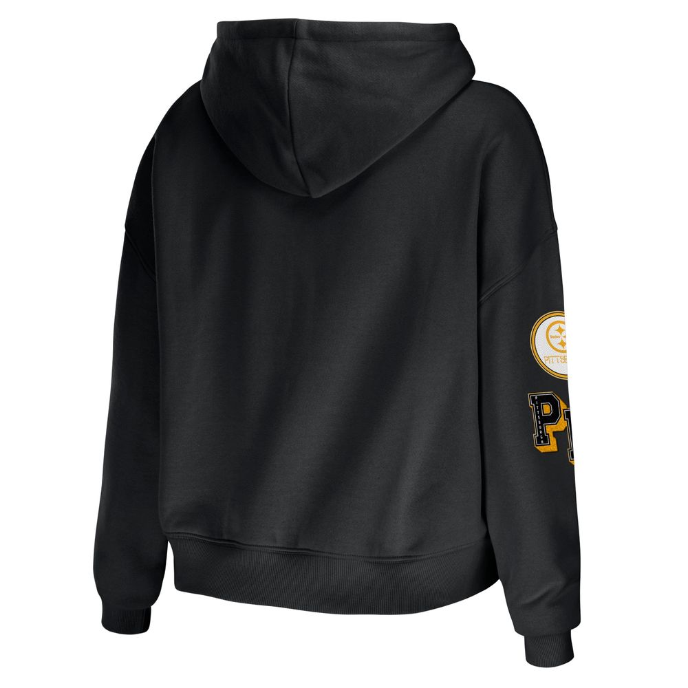 Women's WEAR by Erin Andrews Black Pittsburgh Steelers Plus Modest Cropped Pullover Hoodie