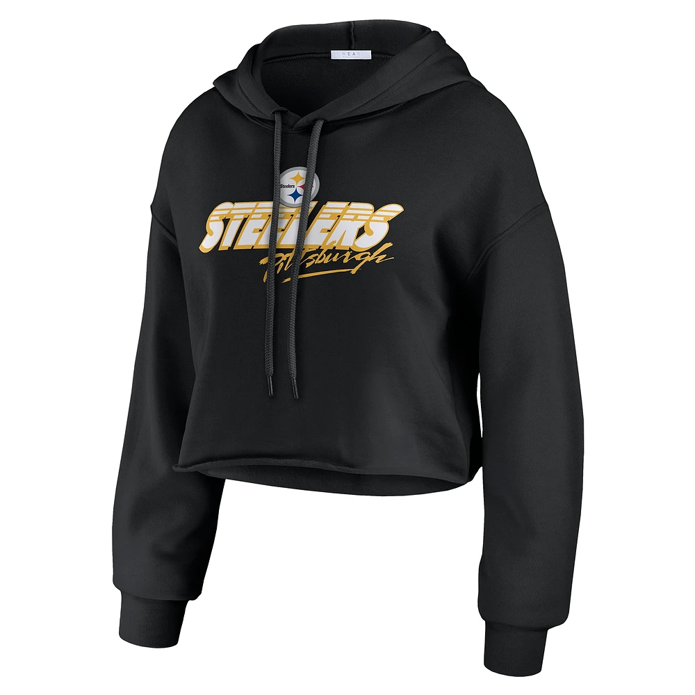 Women's WEAR by Erin Andrews Black Pittsburgh Steelers Prime Cropped Pullover Hoodie