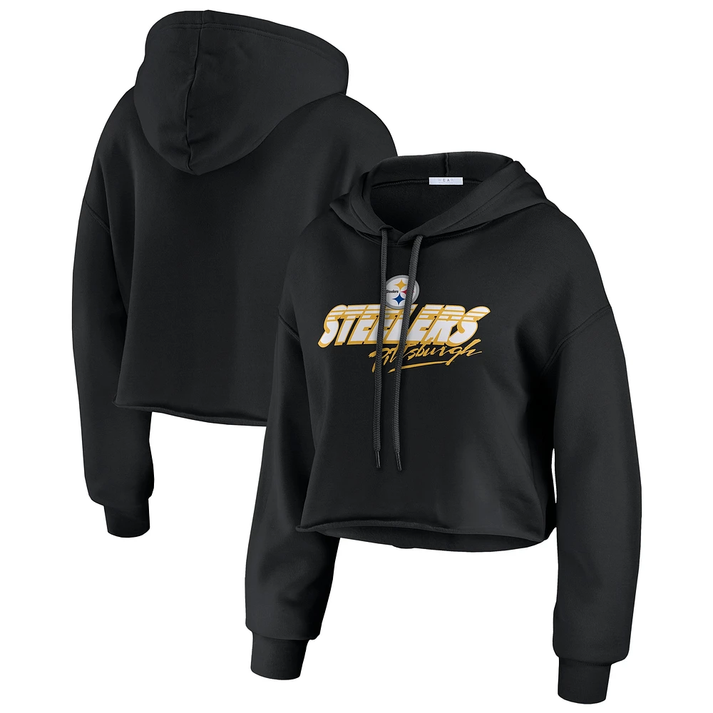 Women's WEAR by Erin Andrews Black Pittsburgh Steelers Prime Cropped Pullover Hoodie