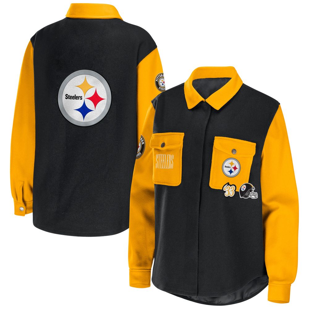 Women's WEAR by Erin Andrews Black Pittsburgh Steelers Snap-Up Shirt Jacket