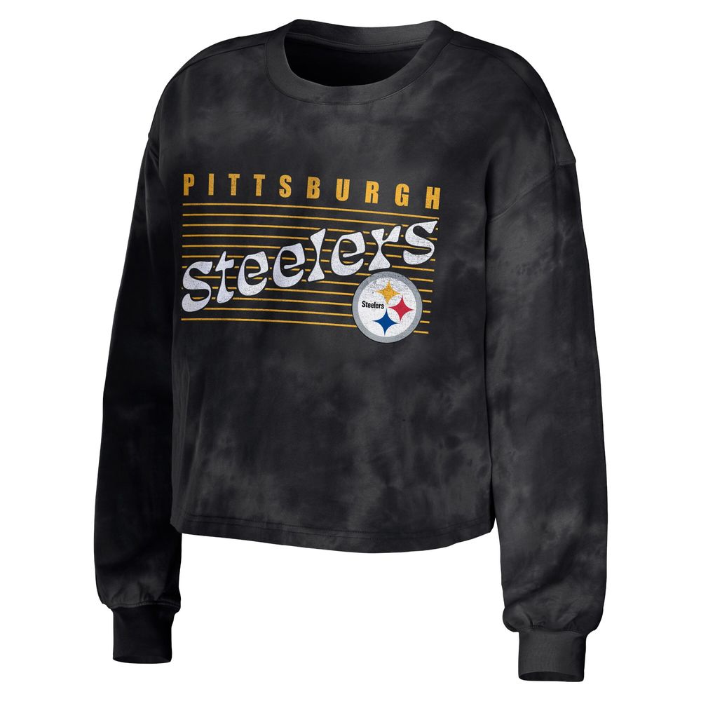 WEAR by Erin Andrews Women's WEAR by Erin Andrews Black Pittsburgh Steelers  Tie-Dye Cropped Pullover Sweatshirt & Shorts Lounge Set
