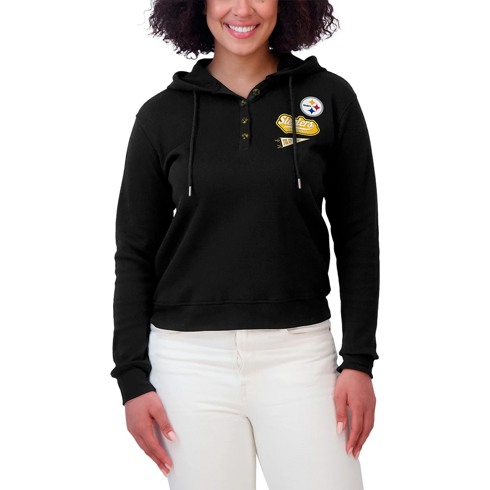 Women's WEAR by Erin Andrews Black Pittsburgh Steelers Waffle-Knit Pullover Hoodie