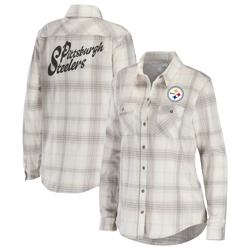 Lids Pittsburgh Steelers WEAR by Erin Andrews Women's Plaid Flannel  Tri-Blend Long Sleeve Button-Up Shirt - Cream/Gray
