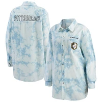 Women's WEAR by Erin Andrews Denim Pittsburgh Steelers Chambray Acid-Washed Long Sleeve - Button-Up Shirt