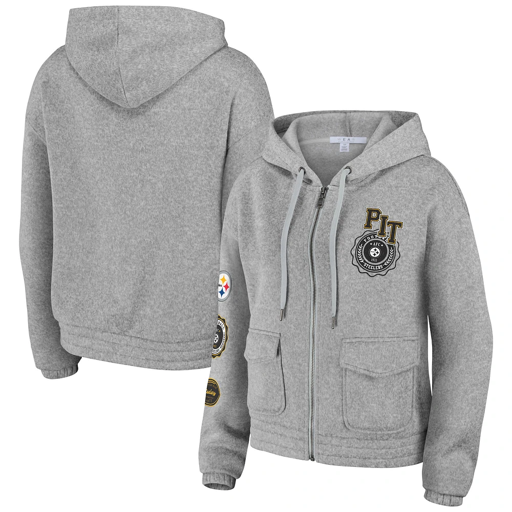 Women's WEAR by Erin Andrews Heather Gray Pittsburgh Steelers Full-Zip Hoodie