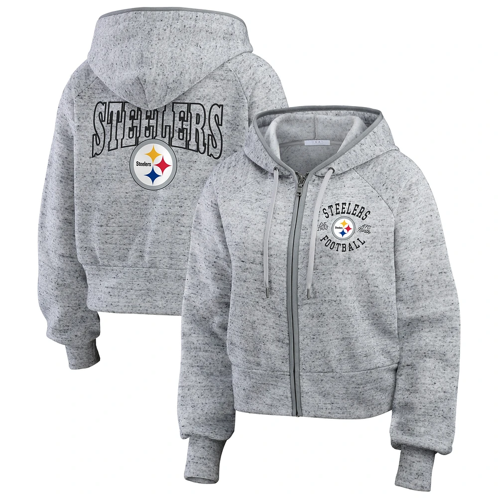 Sweat à capuche court en polaire moucheté gris chiné WEAR by Erin Andrews pour femme avec fermeture éclair intégrale Pittsburgh Steelers