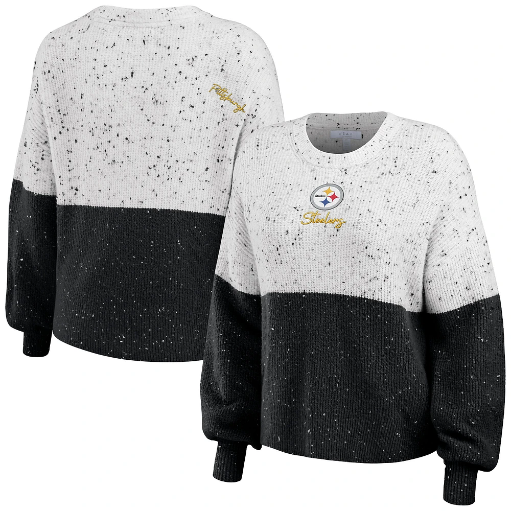 Women's WEAR by Erin Andrews  White/Black Pittsburgh Steelers Lighweight Modest Crop Color-Block Pullover Sweater