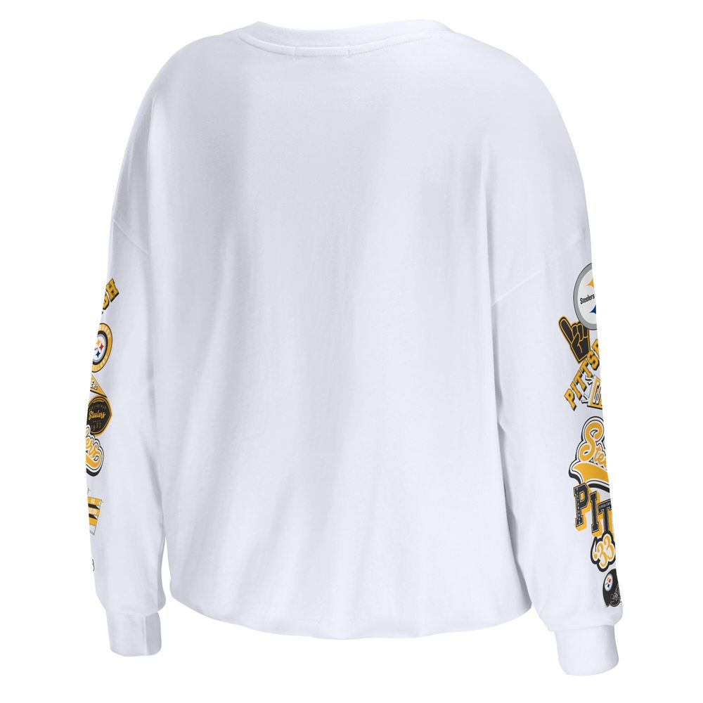 WEAR by Erin Andrews Women's WEAR by Erin Andrews White Pittsburgh Steelers  Celebration Cropped Long Sleeve T-Shirt