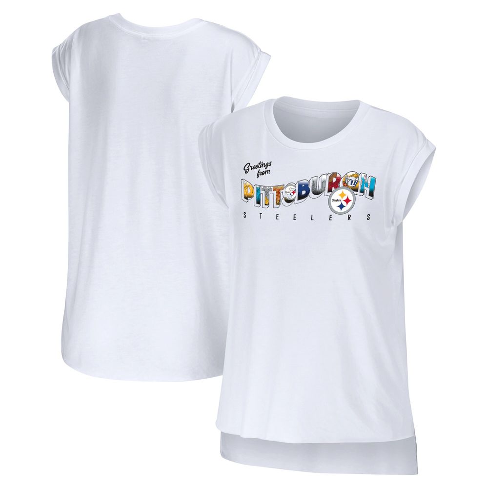 Women's WEAR by Erin Andrews White Pittsburgh Steelers Greetings From Muscle T-Shirt