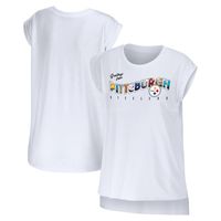 Women's WEAR by Erin Andrews White Pittsburgh Steelers Greetings From Muscle T-Shirt