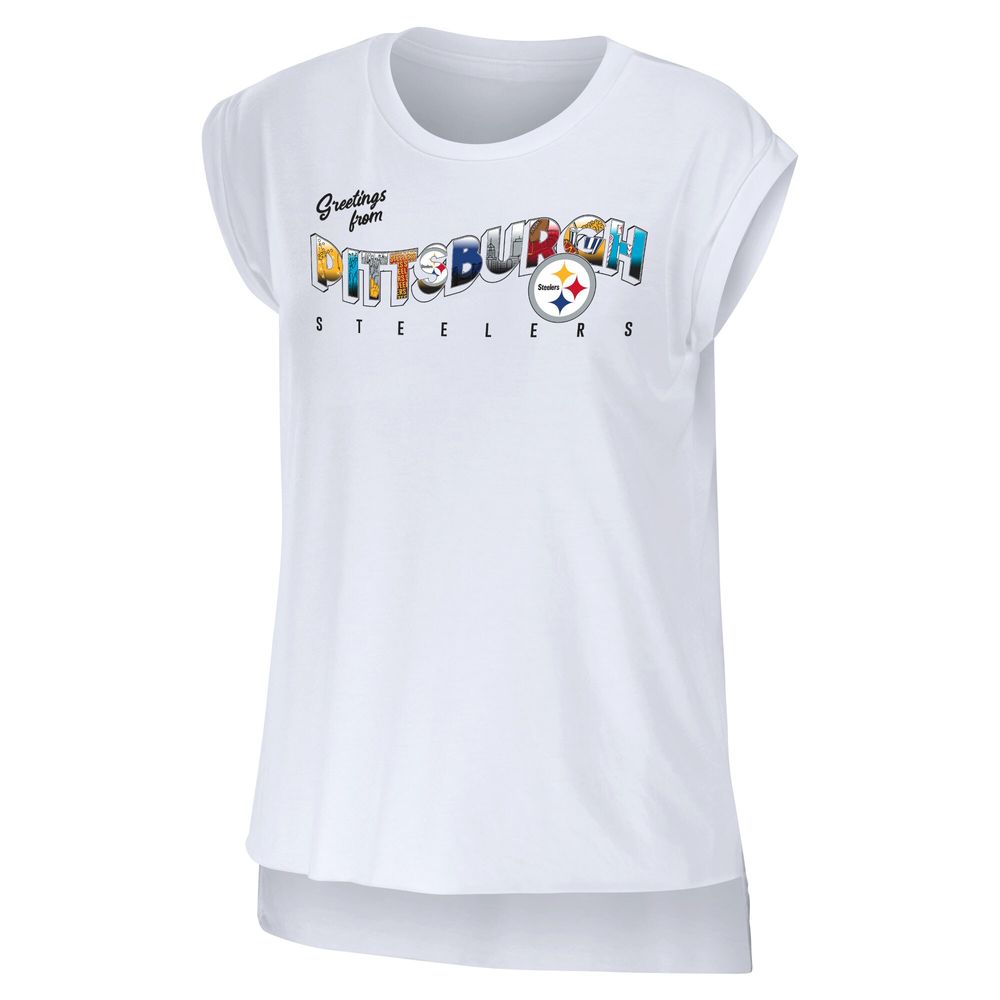 Women's WEAR by Erin Andrews White Pittsburgh Steelers Greetings From Muscle T-Shirt