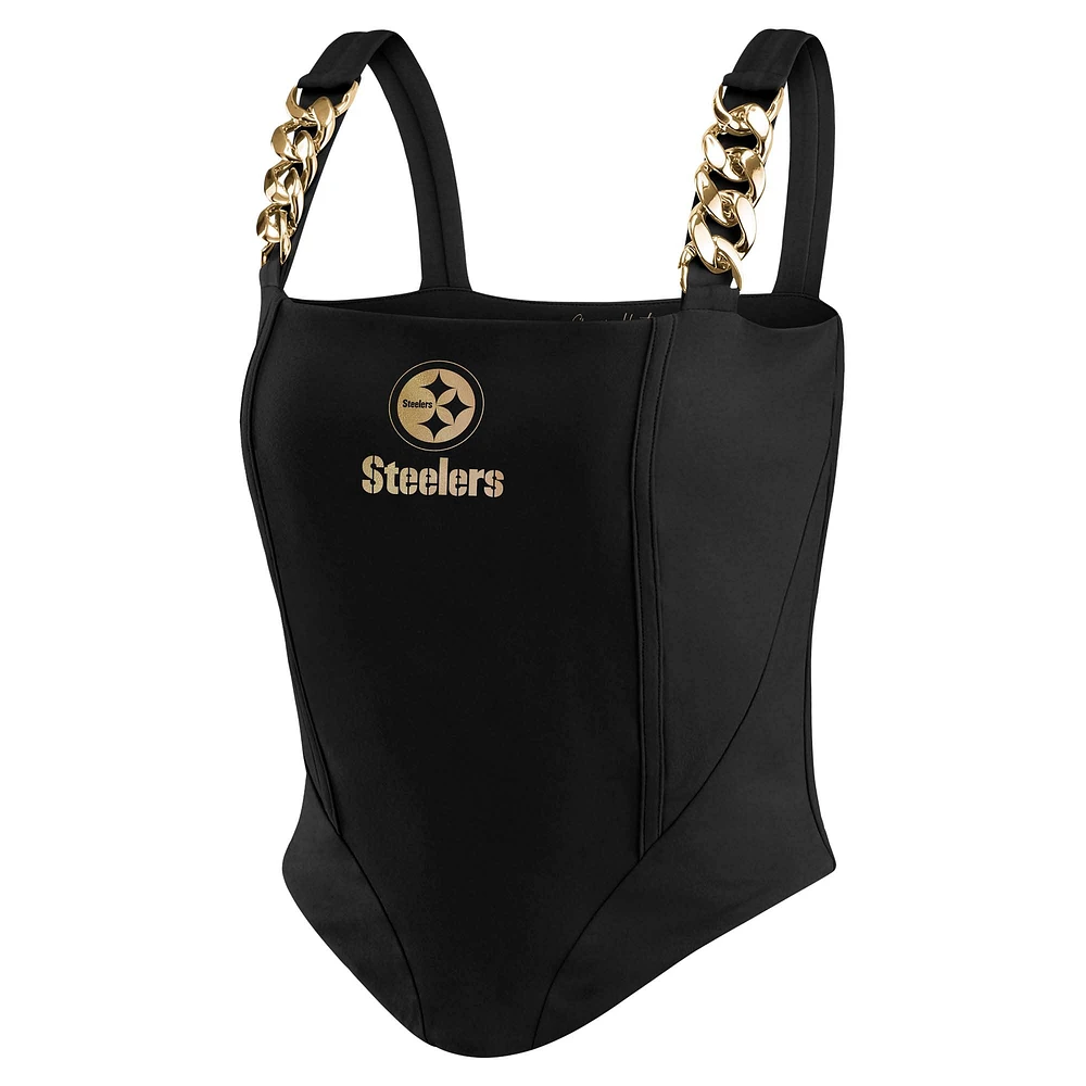 Women's WEAR by Erin Andrews x Gracie Hunt Black Pittsburgh Steelers Chain Link Corset Top