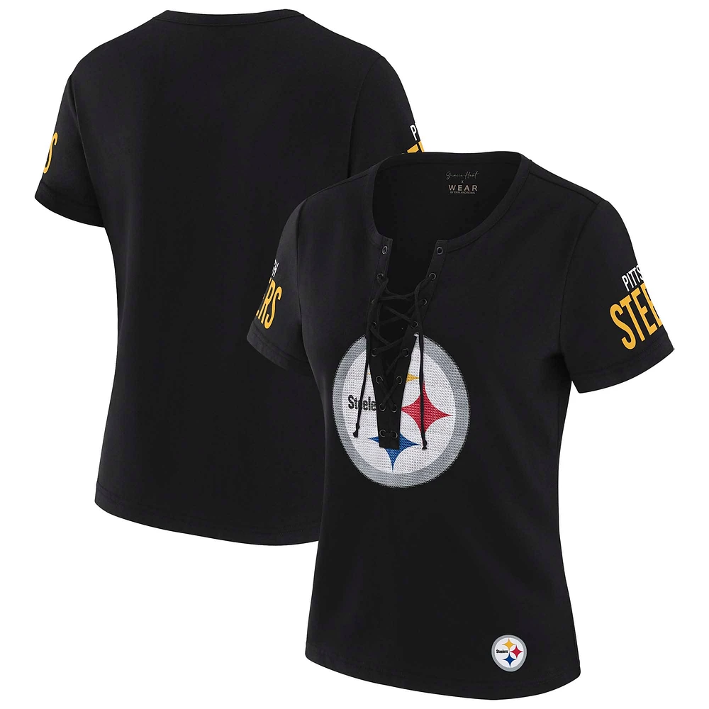 T-shirt à lacets noir Draft Me des Pittsburgh Steelers pour femme WEAR by Erin Andrews x Gracie Hunt