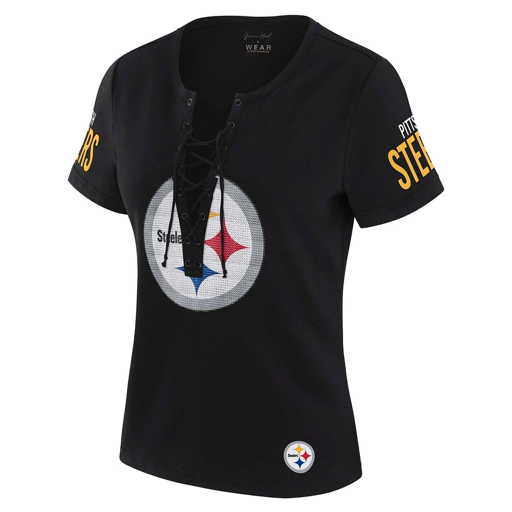 T-shirt à lacets noir Draft Me des Pittsburgh Steelers pour femme WEAR by Erin Andrews x Gracie Hunt