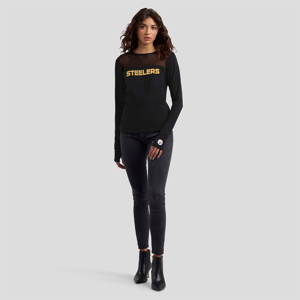 T-shirt à manches longues et empiècement en maille noire WEAR by Erin Andrews x Gracie Hunt des Pittsburgh Steelers pour femme