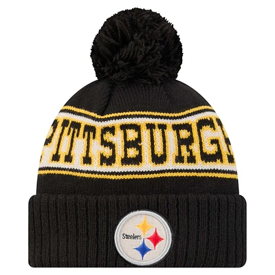 Bonnet en tricot à revers rétro Pittsburgh Steelers noir New Era pour jeune avec pompon