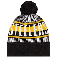 Bonnet en tricot à revers rayé noir Pittsburgh Steelers New Era pour jeune avec pompon