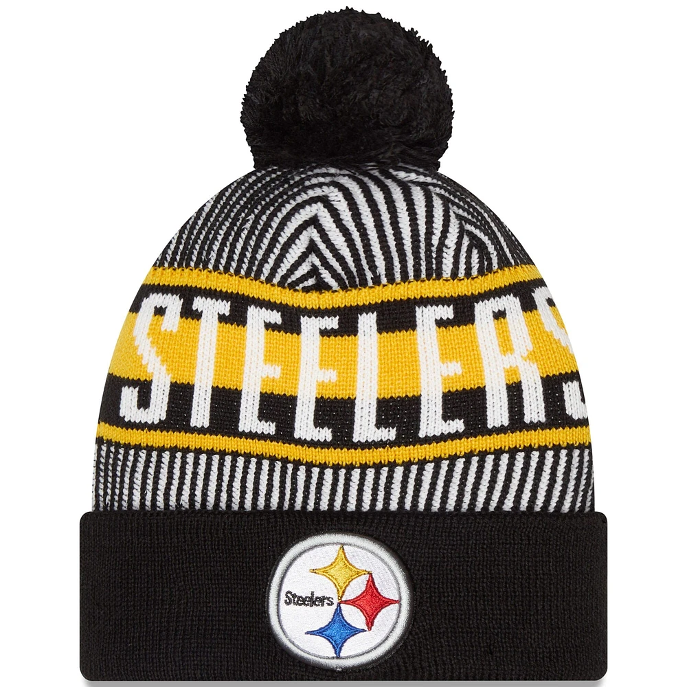 Bonnet en tricot à revers rayé noir Pittsburgh Steelers New Era pour jeune avec pompon