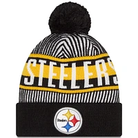 Bonnet en tricot à revers rayé noir Pittsburgh Steelers New Era pour jeune avec pompon