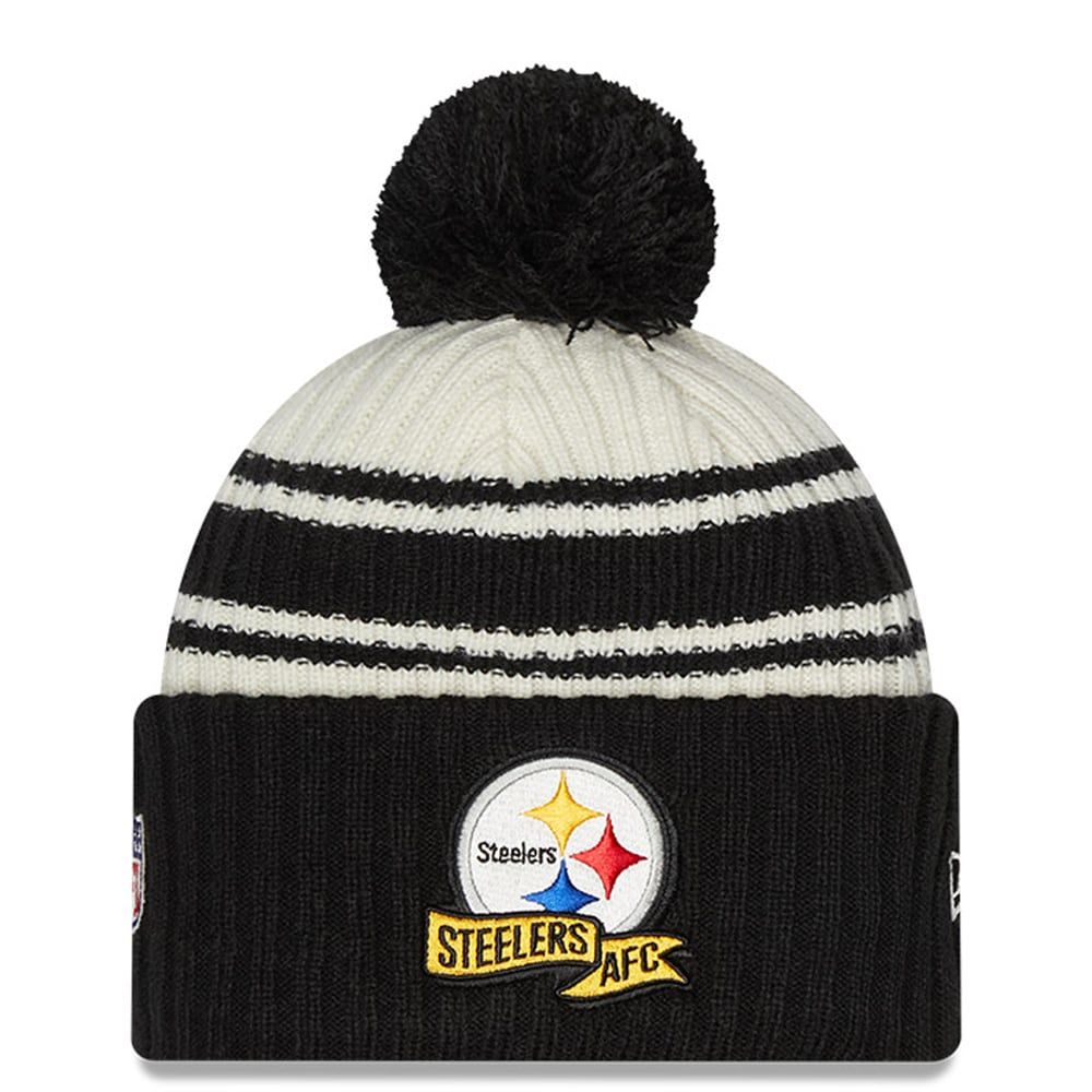 Youth New Era Cream/Black Pittsburgh Steelers 2022 Sideline - Sport Cuffed Pom Knit Hat