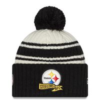 Youth New Era Cream/Black Pittsburgh Steelers 2022 Sideline - Sport Cuffed Pom Knit Hat