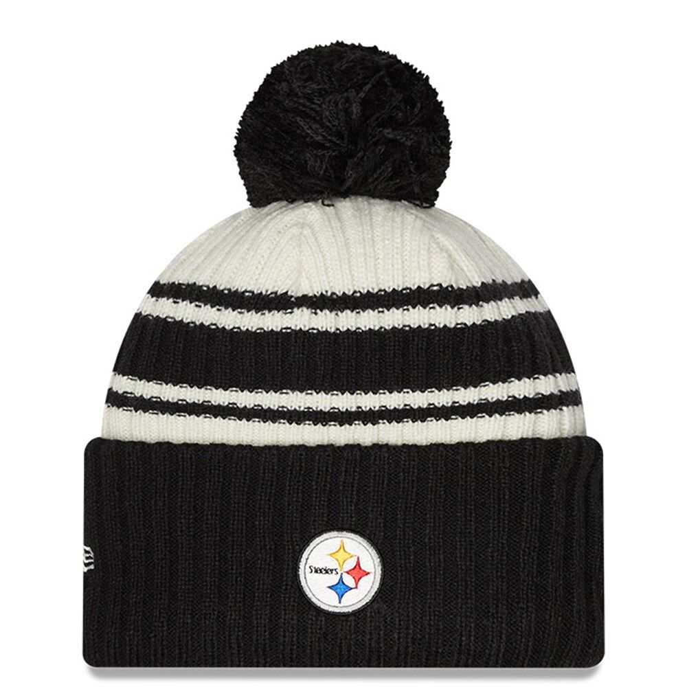 Youth New Era Cream/Black Pittsburgh Steelers 2022 Sideline - Sport Cuffed Pom Knit Hat