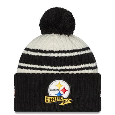 Youth New Era Cream/Black Pittsburgh Steelers 2022 Sideline - Sport Cuffed Pom Knit Hat