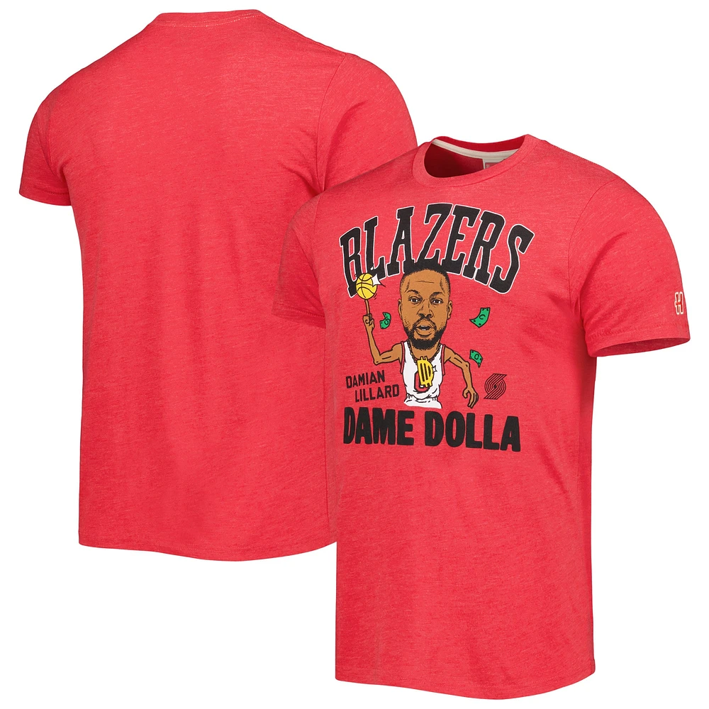 T-shirt à trois mélanges Caricature Homage Damian Lillard Red Portland Trail Blazers pour homme