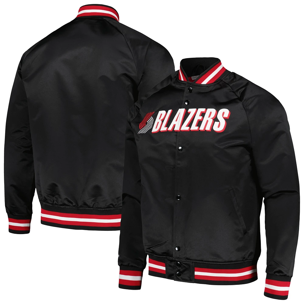 Veste noire à bouton-pression Portland Trail Blazers Mitchell & Ness pour hommes Hardwood Classics Throwback Wordmark Raglan