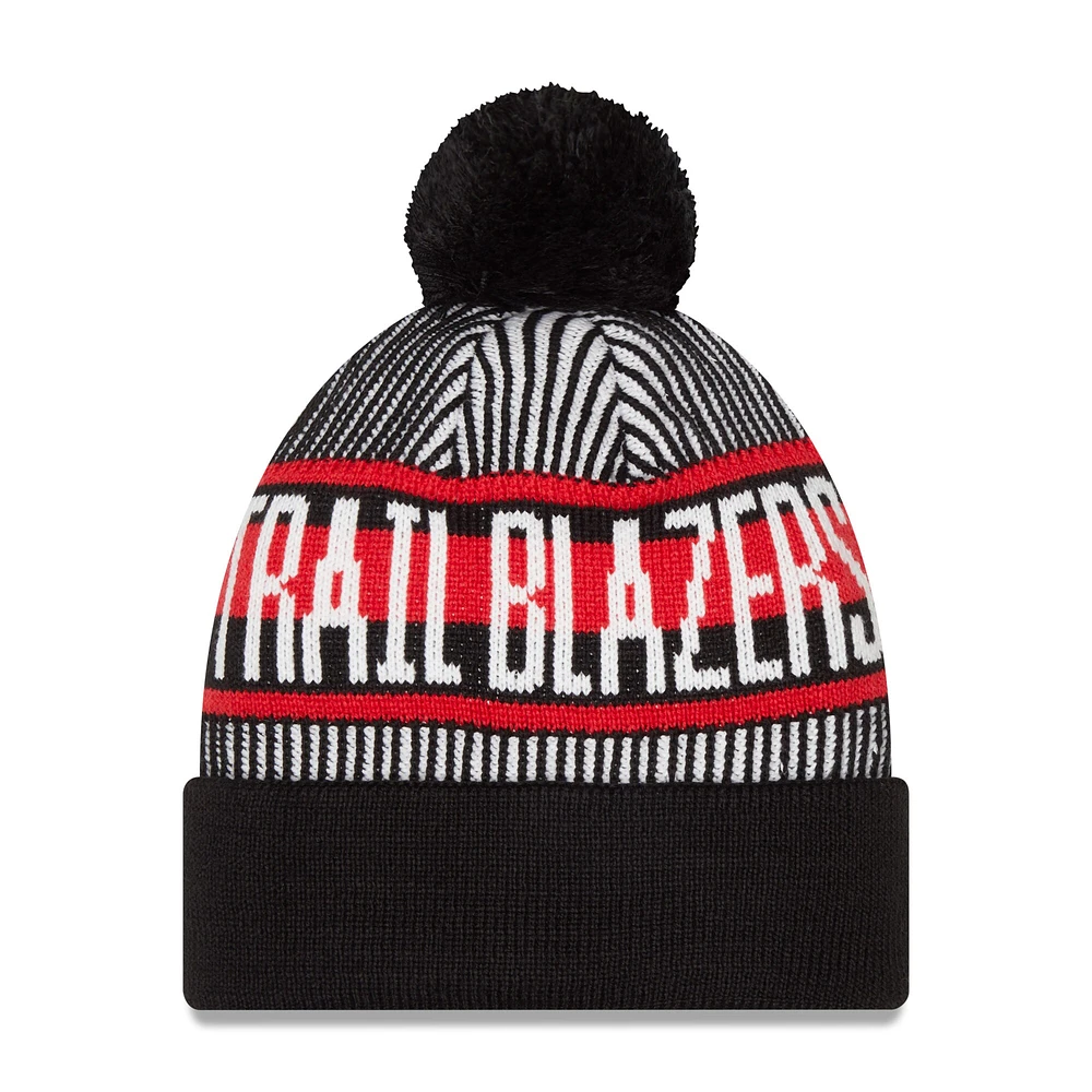 Men's New Era Black Portland Trail Blazers Striped Cuffed Pom Knit Hat 