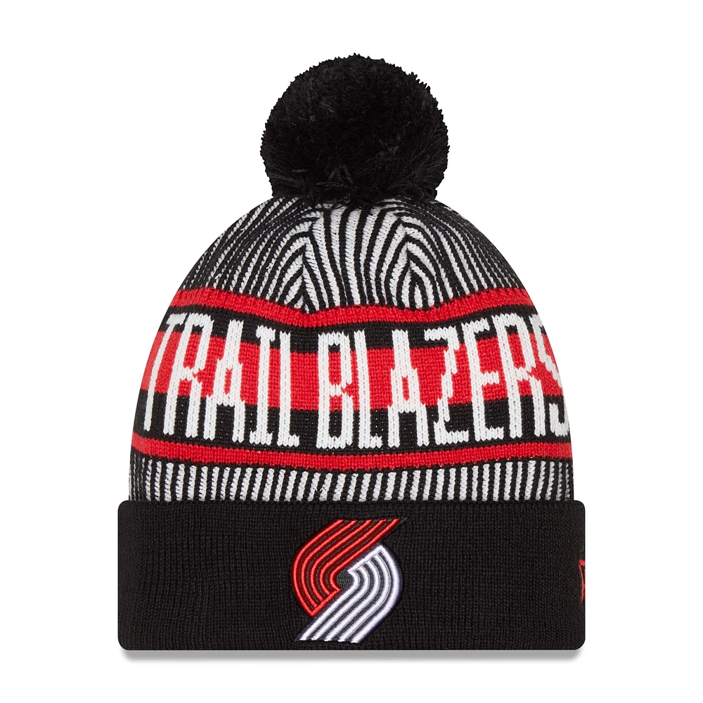 Men's New Era Black Portland Trail Blazers Striped Cuffed Pom Knit Hat
