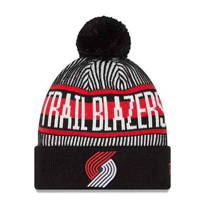 Men's New Era Black Portland Trail Blazers Striped Cuffed Pom Knit Hat 