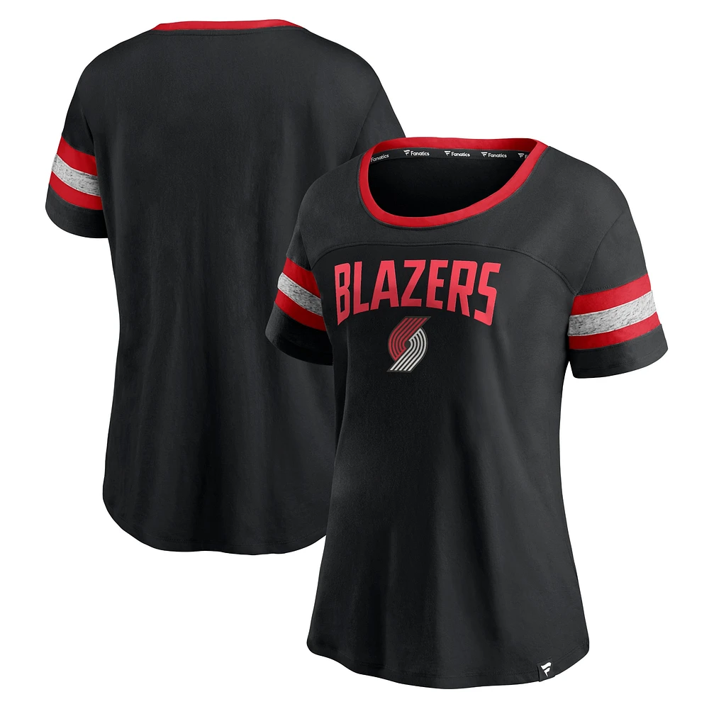 Women's Fanatics Black/Heathered Gray Portland Trail Blazers Block Party Striped Sleeve T-Shirt