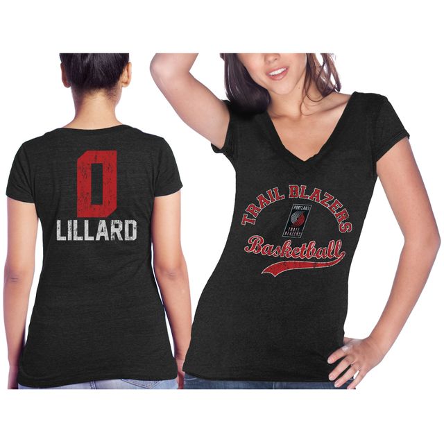 Majestic Threads Damian Lillard Noir Portland Trail Blazers Nom et numéro T-shirt triple mélange à encolure en V pour femme