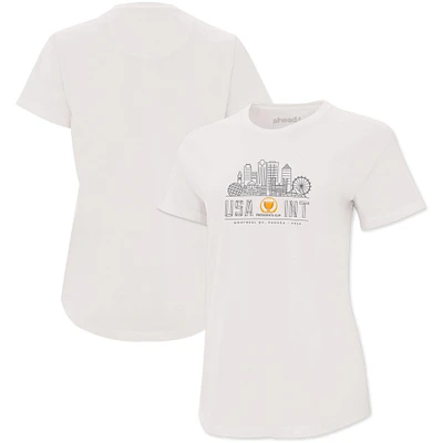 T-shirt blanc à col en V pour femmes Ahead 2024 Presidents Cup Skyline Aurora