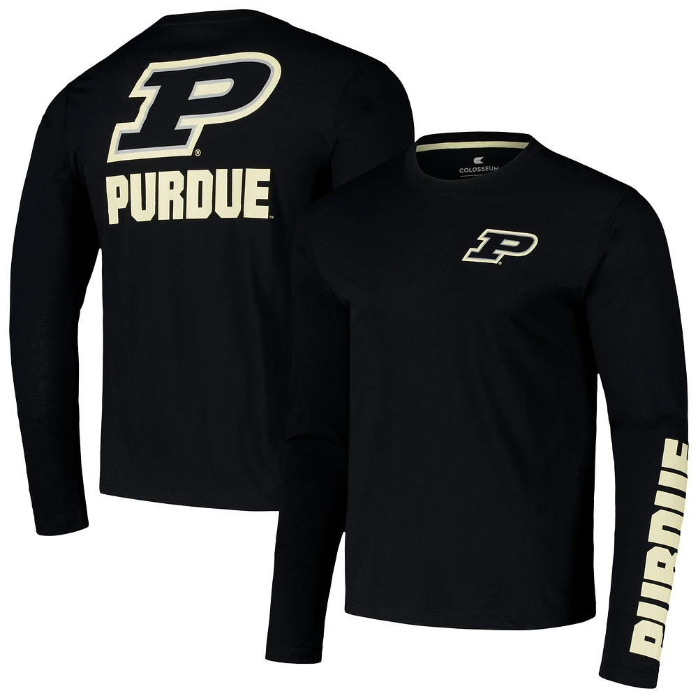 Men's Colosseum Black Purdue Boilermakers Logo Lockup 3-Hit Active Blend Long Sleeve T-Shirt