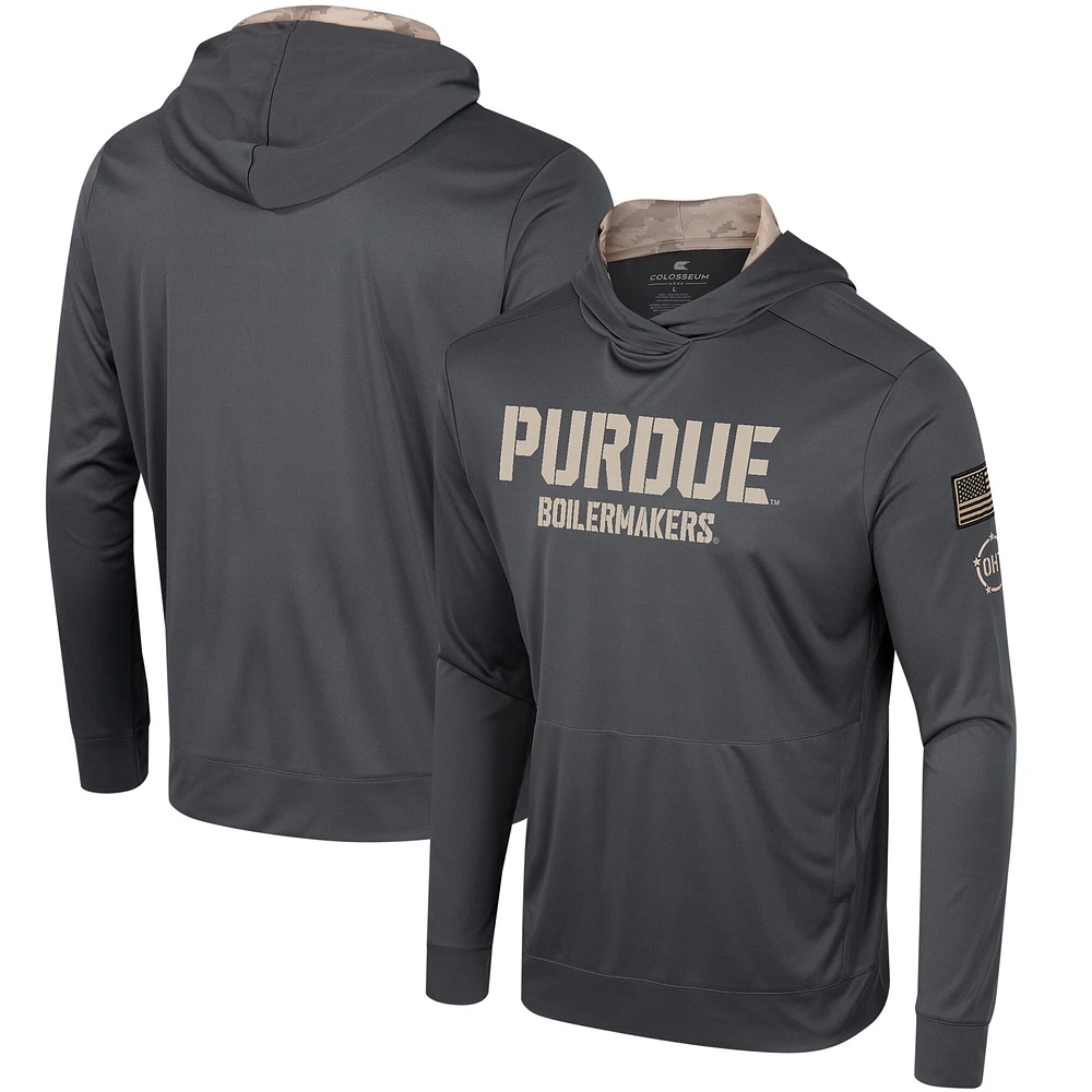 T-shirt à capuche manches longues pour hommes Colosseum Charcoal Purdue Boilermakers OHT Military Appréciation