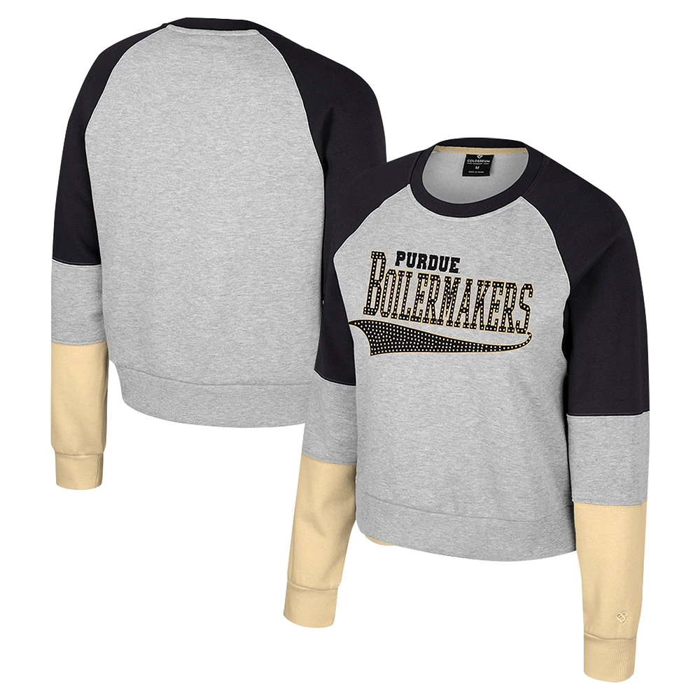 Women's Colosseum Heather Gray Purdue Boilermakers Katinka Rhinestone Scoop Neck Pullover Sweatshirt