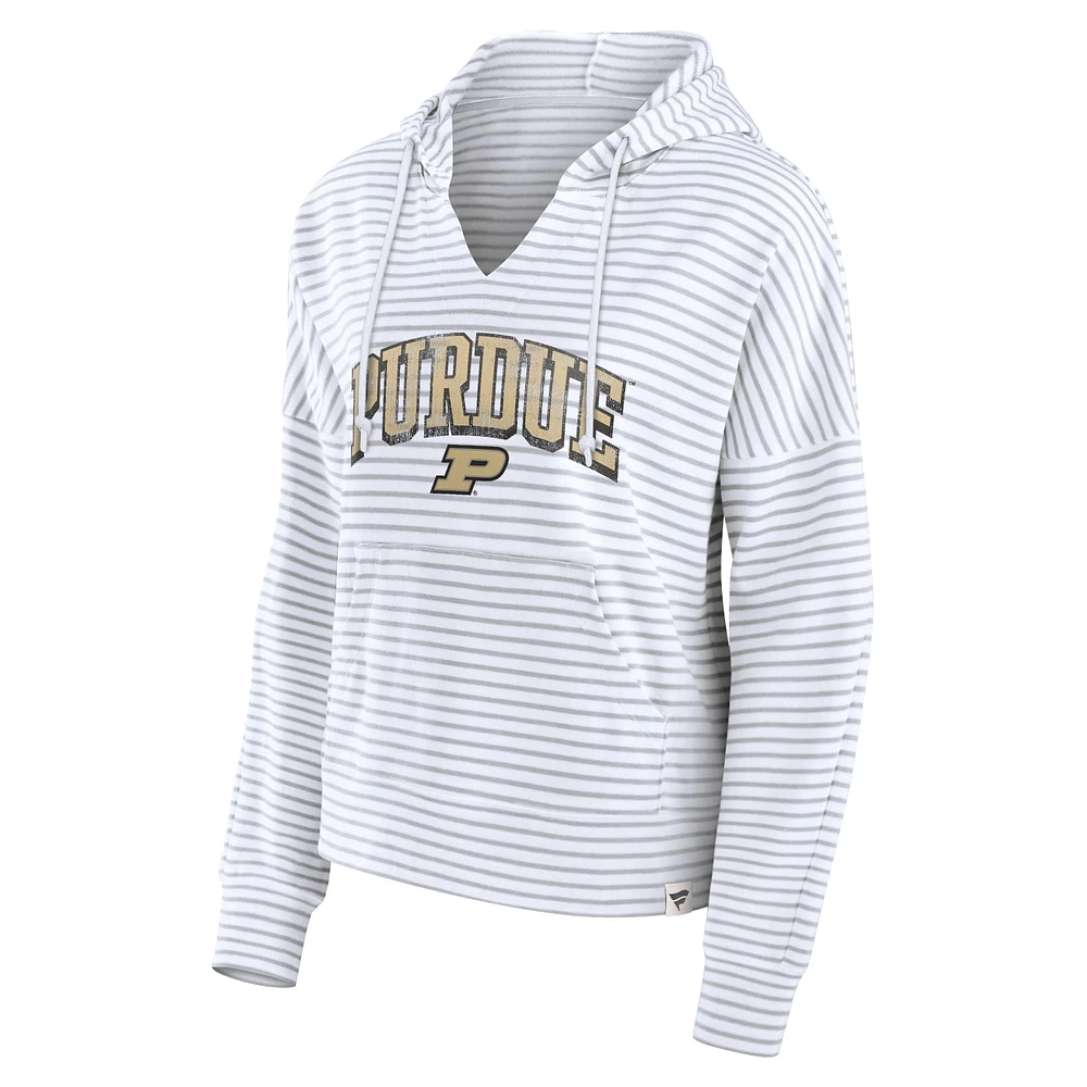 Women's Fanatics White/Gray Purdue Boilermakers Arch Logo Striped Notch Neck Pullover Hoodie