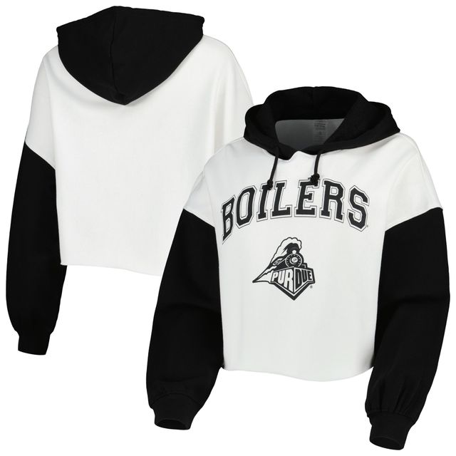 Chandail à capuchon court blocs de couleurs Purdue Boilermakers Good Time Gameday Couture pour femmes, blanc/noir