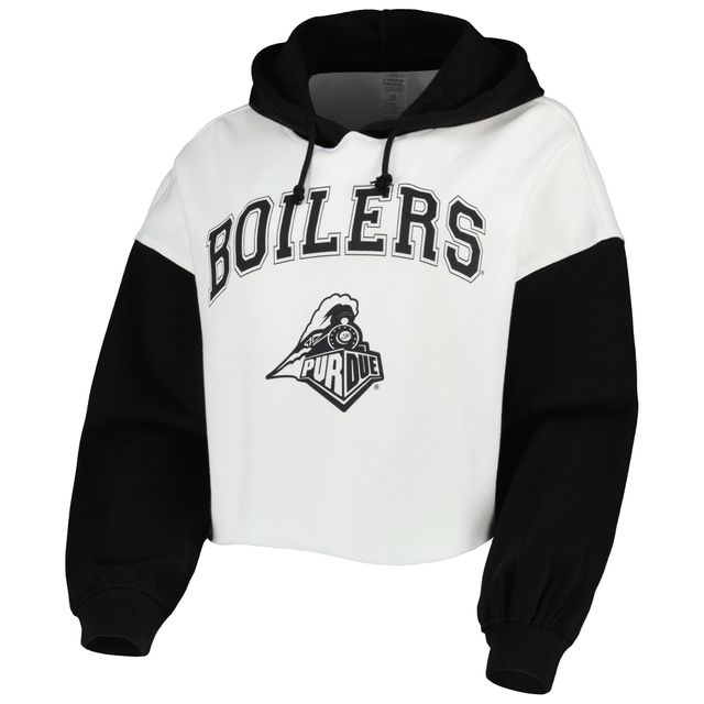 Chandail à capuchon court blocs de couleurs Purdue Boilermakers Good Time Gameday Couture pour femmes, blanc/noir