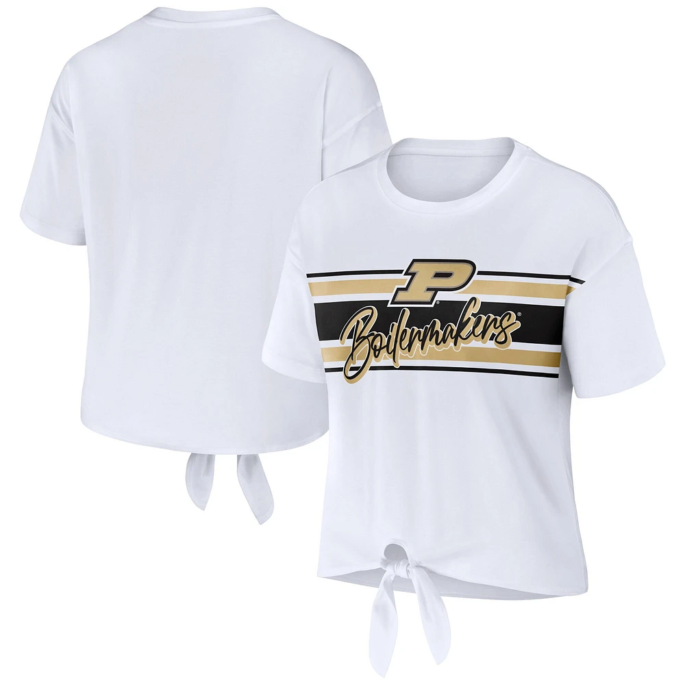 WEAR by Erin Andrews T-shirt court blanc Purdue Boilermakers rayé avec nœud sur le devant pour femmes