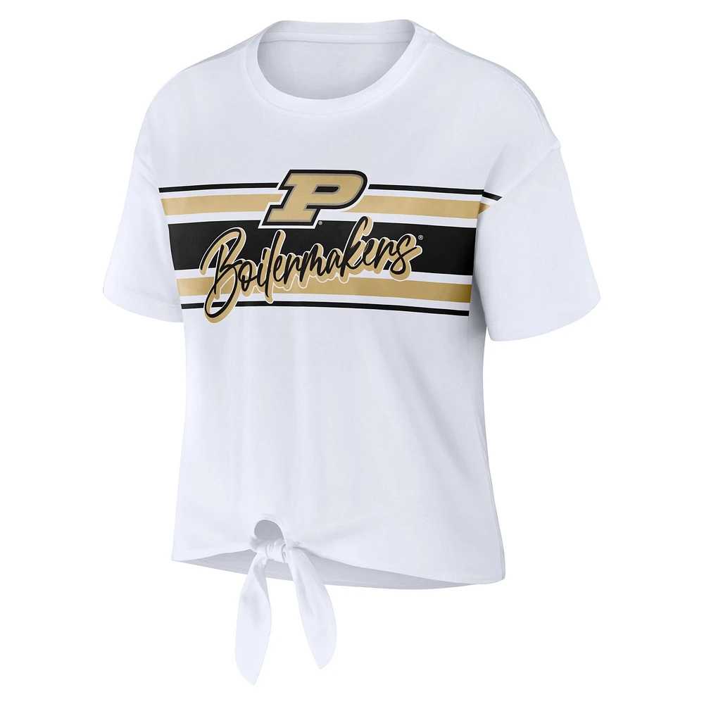 WEAR by Erin Andrews T-shirt court blanc Purdue Boilermakers rayé avec nœud sur le devant pour femmes