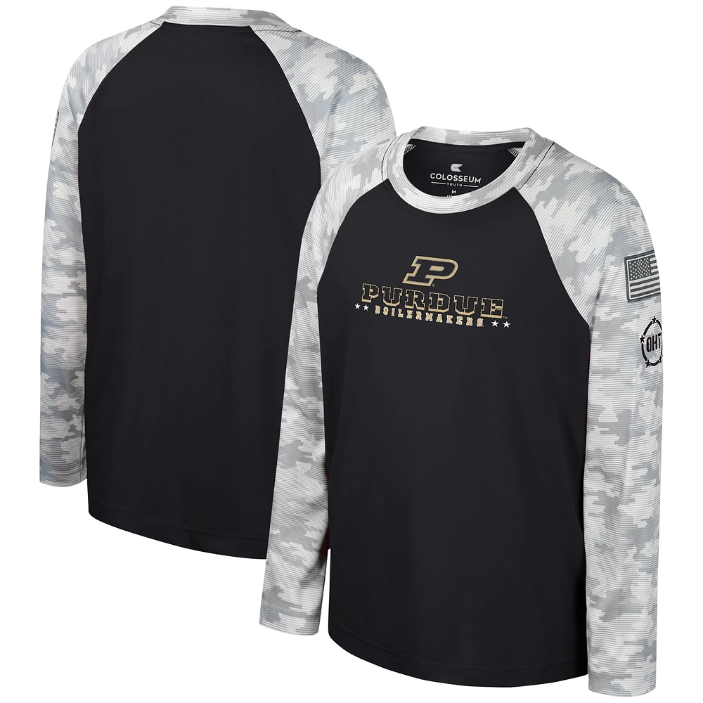 T-shirt à manches longues Raglan pour jeunes Colosseum noir/camouflage Purdue Chaudronniers OHT Appréciation militaire Dark Star